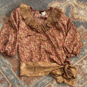 Vintage Diane Freis Floral Ruffle Blouse with Bow Georgette